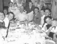 (Clockwise from lower left) cousin Joe, Jean, Jim, Mrs. Quinn (Edith’s mother), Aunt Edith,  cousin Linda, Poppop,  Grandma, Uncle Karl, Aunt Fritz, Uncle Mike, Aunt Priscilla, cousin Michael (not pictured: Uncle Joe,  probably taking the photo)&nbsp; 
