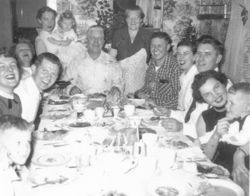 (Clockwise from lower left) cousin Joe, Jean, Jim, Mrs. Quinn (Edith’s mother), Aunt Edith,  cousin Linda, Poppop,  Grandma, Uncle Karl, Aunt Fritz, Uncle Mike, Aunt Priscilla, cousin Michael (not pictured: Uncle Joe,  probably taking the photo)&nbsp; 