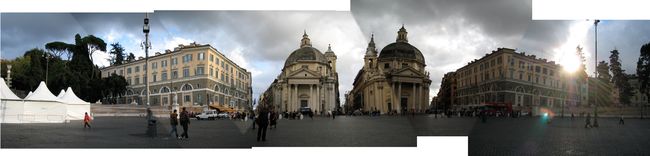 Piazza del Populo, a 150° or so view from the spot where I ate lunch on Monday. Mark would have done a better job on this panoramic thing, but it gives you the general idea, and maybe he can make something better out of my raw photos when I get home.
